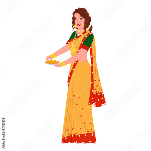 Beautiful Indian Woman Holding Plate Of Sweet (Laddu) On White Background.