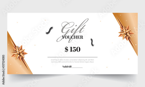 Gift Voucher Banner Or Header Design With Realistic Flower Ribbon On White And Copper Background.