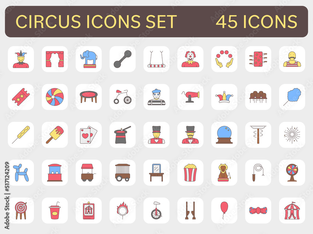 Colorful Set Of Circus Icons In Flat Style. Colorful Set Of Circus Icons In Flat Style.