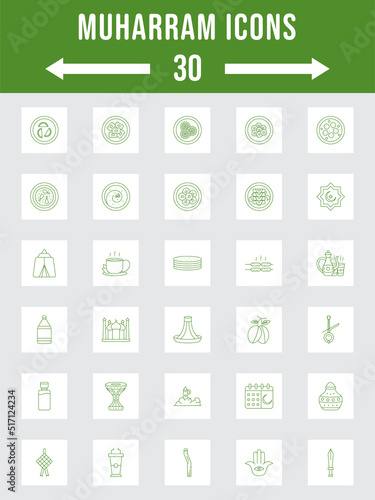 Green Linear Style Muharram Square Icon Or Symbol Set.