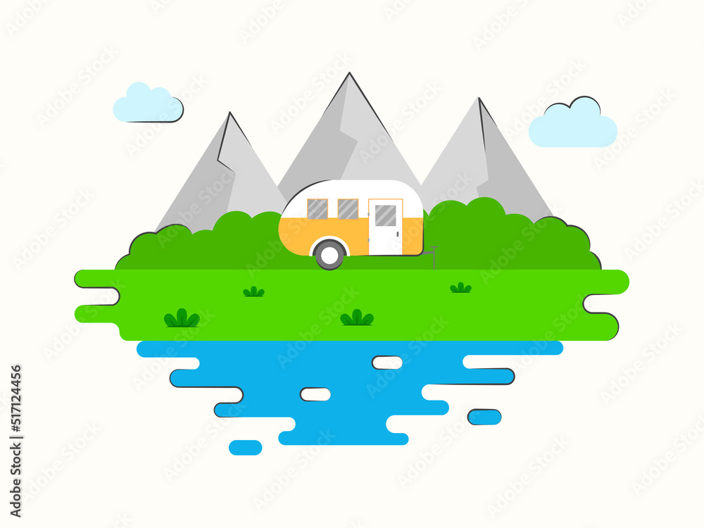 Vector Illustration Of Natural View With Mountain, Vehicle Against Abstract Background. Vector Illustration Of Natural View With Mountain, Vehicle Against Abstract Background.