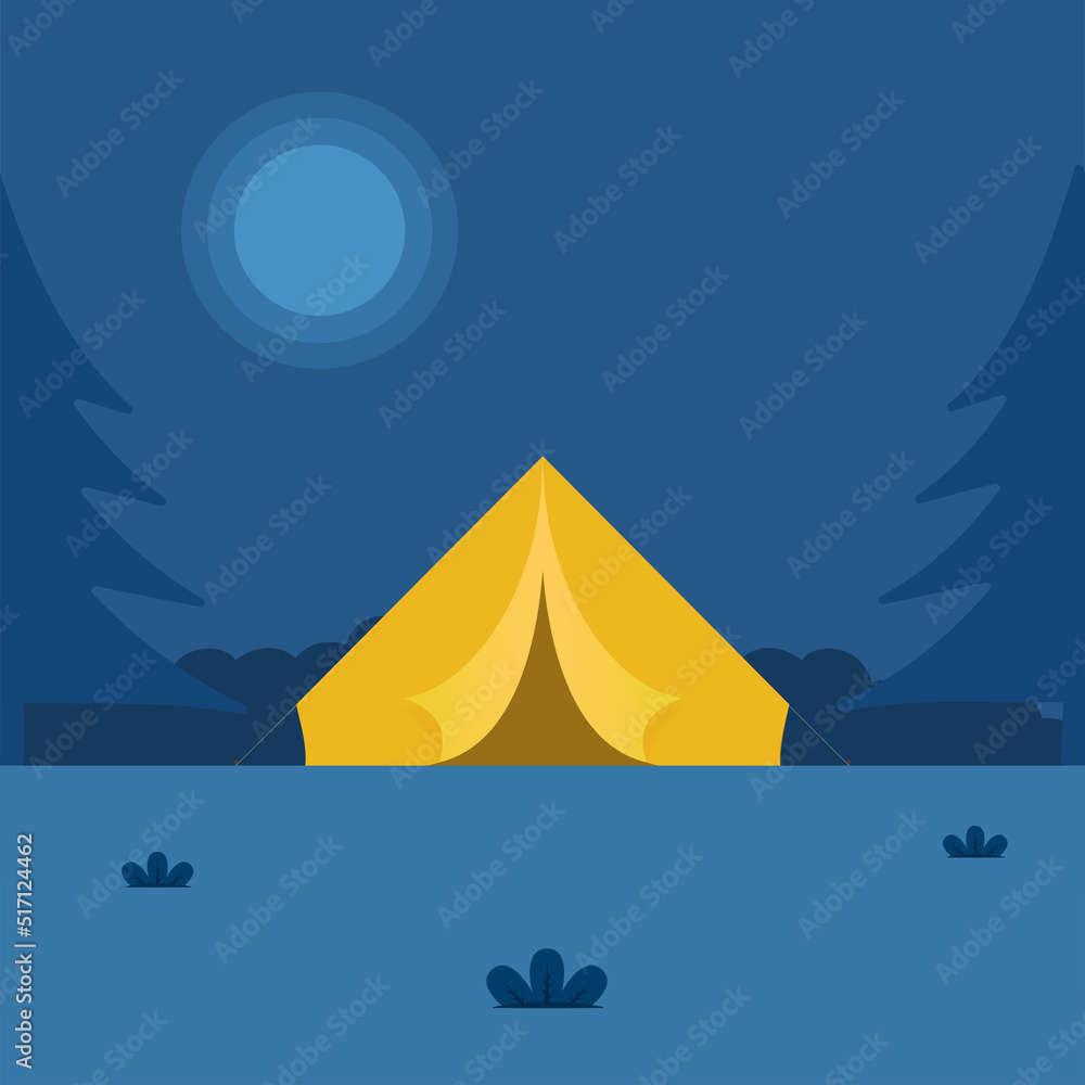 Full Moon Blue Background With Camping Tent And Trees. Full Moon Blue Background With Camping Tent And Trees.