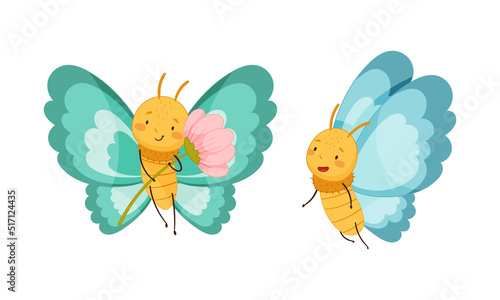 Set of cute butterflies with blue wings. Cute smiling insects with funny faces cartoon vector illustration