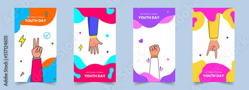 Social Media Template Or Flyer Design With Different Poses Of Hands On Abstract Background For International Youth Day.