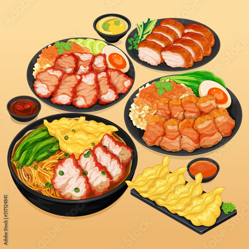 Asian foods menu set close up illustration vector.
Thai street food menu set. Chinese red roasted pork rice bowl, Chinese crispy pork belly rice bowl, Chinese wonton noodles soup, Red roast pork