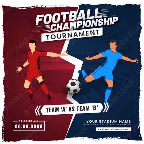 Footballer Players Of Participate Team A VS B On Abstract Red And Blue Background For Championship Tournament Concept.