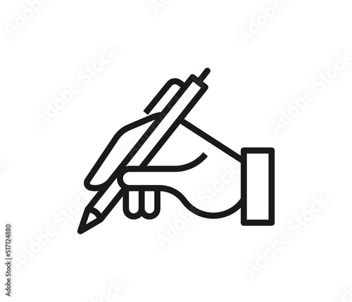 Signature icon, hand and pen symbol.
