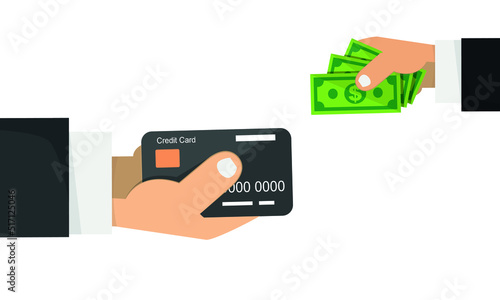 Credit card and money in hand. Concept of financial transactions, investments and cash turnover. editable vector.
