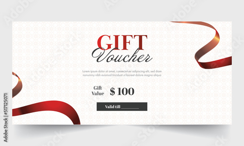 Gift Voucher Banner Or Header Layout With Realistic Wavy Ribbon On White Mandala Pattern Background.