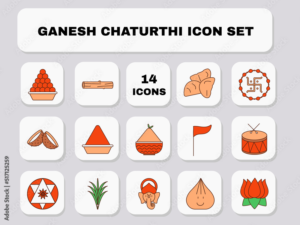 Set Of Ganesh Chaturthi Flat Icon Set On White Square Background.