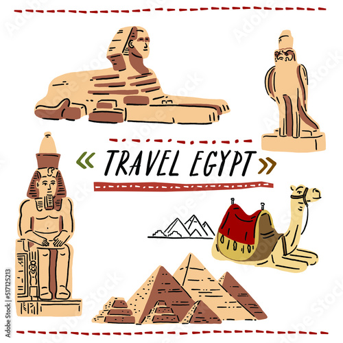 Print op canvas Egypt famous Landmark Sphinx Pyramid Travel Hand drawn color Illustration