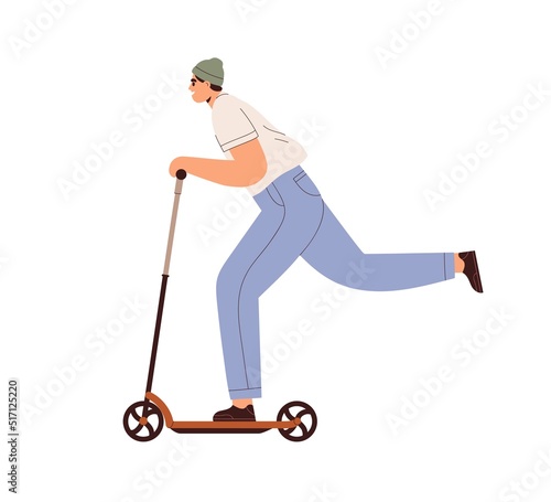 Young man riding kick scooter, pushing with foot. Happy smiling modern guy rider driving urban eco transport outdoors in summer. Flat vector illustration isolated on white background