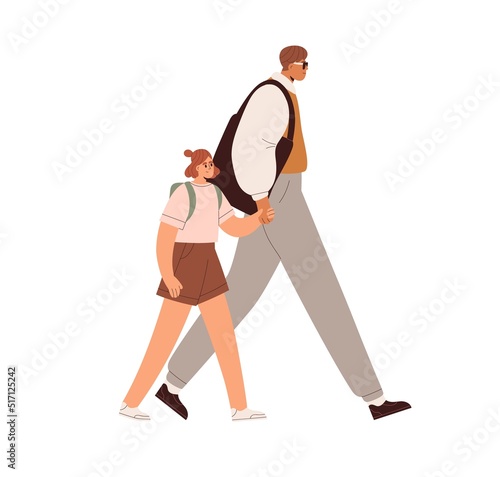 Father and daughter going together. Young dad leading girl kid to school, holding by hand. Man parent and child with backpack walking. Flat vector illustration isolated on white background