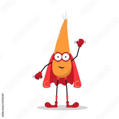 Funny cartoon character vegetable in superhero costume. Concept of healthy diet, natural vegetarian organic products. Cute food vegetable carrot in cloak of super hero and mask. Vector illustration.