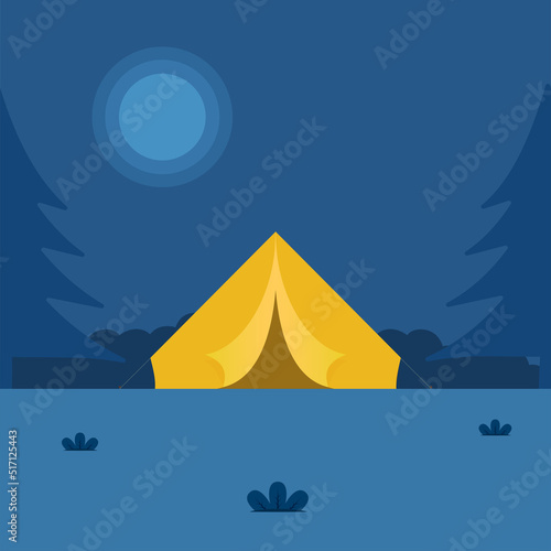 Full Moon Blue Background With Camping Tent And Trees.