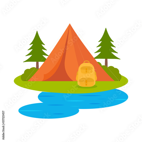 Vector Camping Tent With Backpack, Trees Against White Background. © Abdul Qaiyoom
