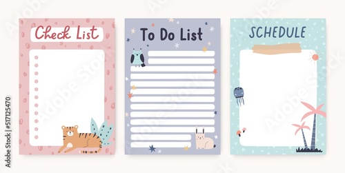 Schedule, to do and check list designs for cute childish planners and diaries. Kids notebook pages templates with Scandinavian animals. Printable paper sheets for organizer. Flat vector illustrations
