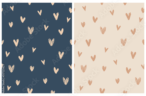 Abstract Hand Drawn Childish Style Romantic Vector Patterns. Simple Brush Hearts on Light Beige and Dark Blue Background. Modern Geometric Seamless Pattern. Irregular Freehand Print ideal for Fabric.