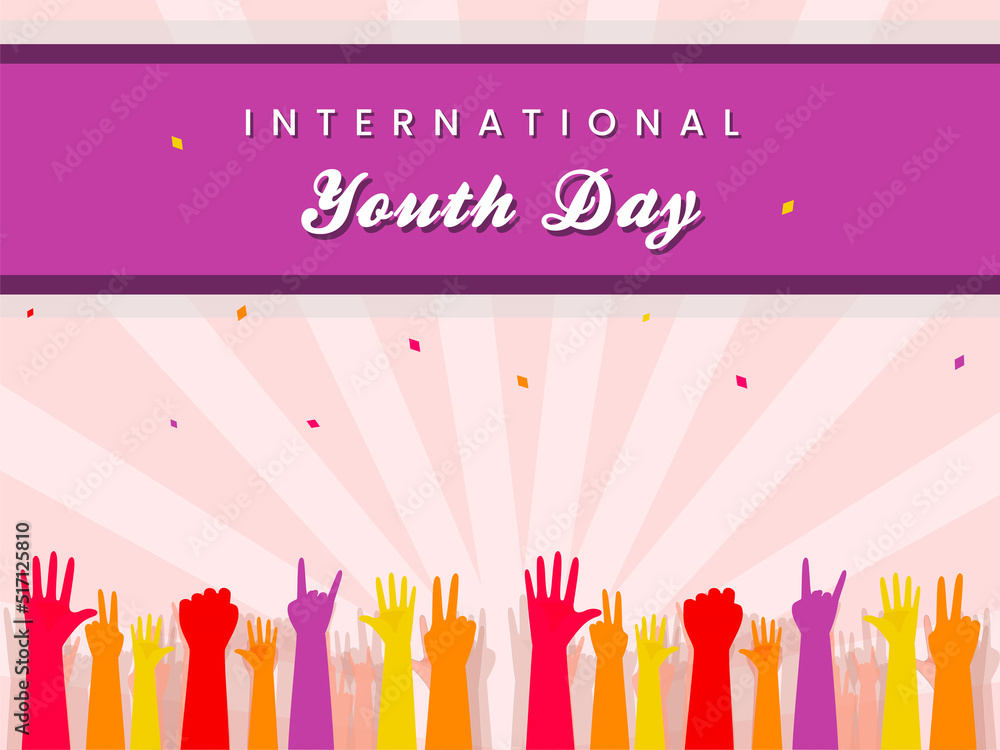 International Youth Day Font With Colorful Human Hands In Various Poses On Pink And Purple Rays Background.