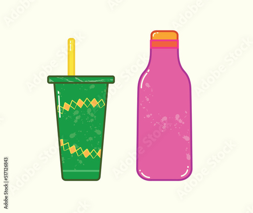 Zero-waste green, yellow straw, and pink  tumbler illustration in vector, coffee shop 