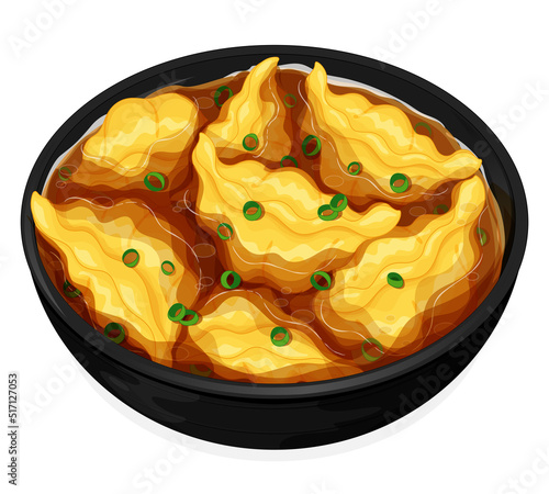 Chinese wonton soup isolated close up menu illustration vector. Asian soup with gyoza or dim sum recipes. Thai steamed dumplings menu.
