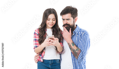 Family of bearded man and girl child text message on mobile phone, sms