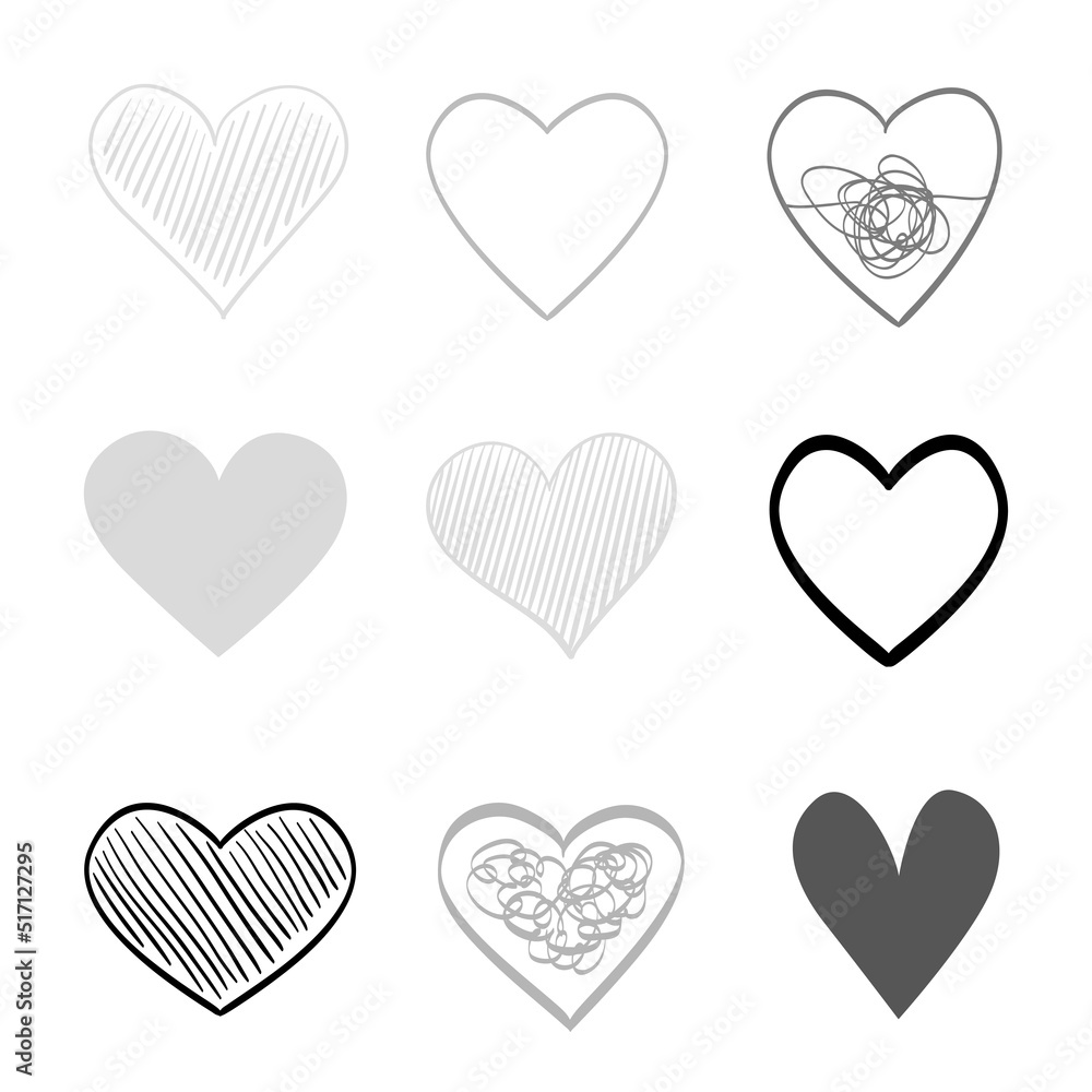 Hand drawn hearts on isolated white background. Set of love signs. Unique image for design. Line art creation. Black and white illustration. Elements for poster or flyer Hand drawn hearts on isolated white background. Set of love signs. Unique image for design. Line art creation. Black and white illustration. Elements for poster or flyer