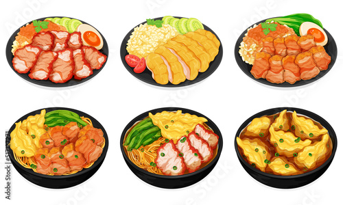Chinese food set collection isolated close up menu illustration vector. Asian food set recipes. Thai street food menu. Chinese BBQ pork with a sweet flavor. Hainanese chicken rice. Crispy pork belly.
