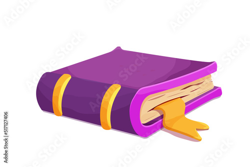 Magic book game icon, asset in cartoon style isolated on white background. Ancient, medieval spell book with gold decorations, study.