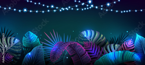 Summer background with electric modern lamps and fluorescent tropic leaves. Nature concept. Vector illustration