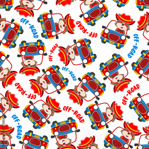 Seamless pattern vector of Cute fox cartoon having fun driving off road car go to forest. Creative vector childish background for fabric textile, nursery wallpaper, poster. and other decoration.
