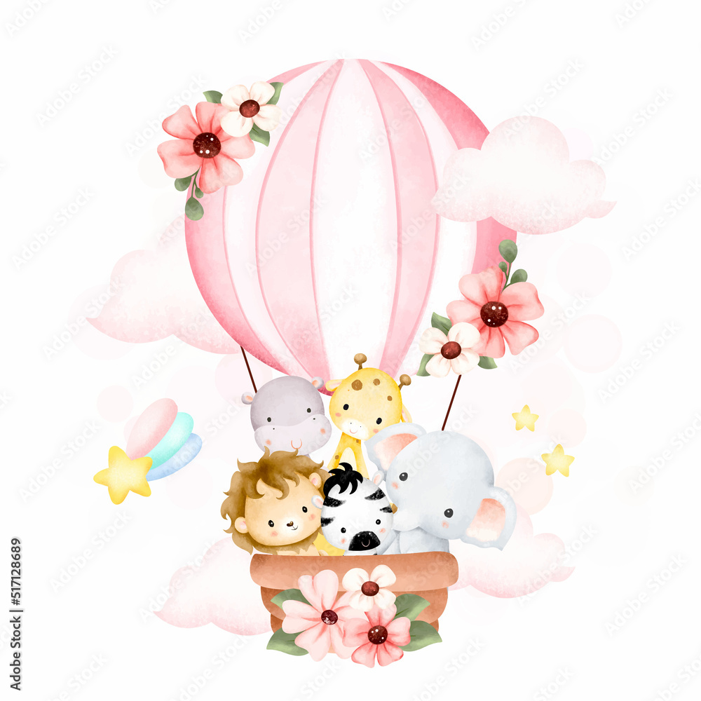 Watercolor Illustration Safari animals in hot air balloon Stock Vector