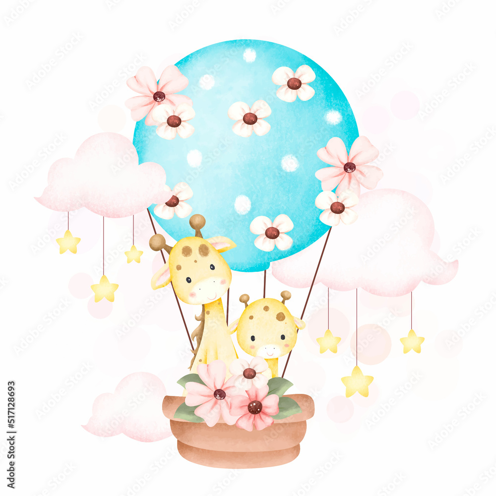 Watercolor Illustration cute giraffe in hot air balloon Watercolor Illustration cute giraffe in hot air balloon