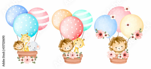 Watercolor Illustration set of Safari animals in hot air balloon