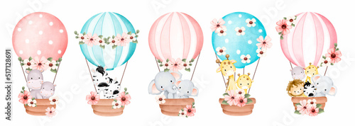 Watercolor Illustration set of Safari animals in hot air balloon