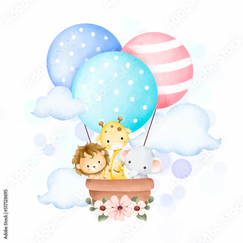 Photography Watercolor Illustration Safari animals in hot air balloon