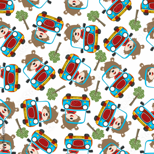 Seamless pattern vector of Cute fox cartoon having fun driving off road car go to forest. Creative vector childish background for fabric textile, nursery wallpaper, poster. and other decoration.