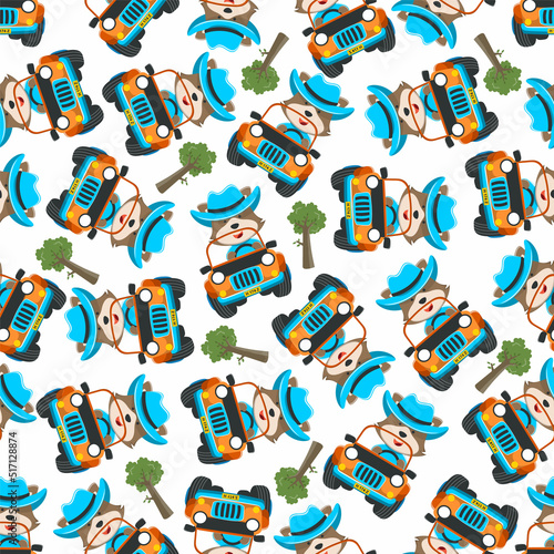 Seamless pattern vector of Cute fox cartoon having fun driving off road car go to forest. Creative vector childish background for fabric textile, nursery wallpaper, poster. and other decoration.