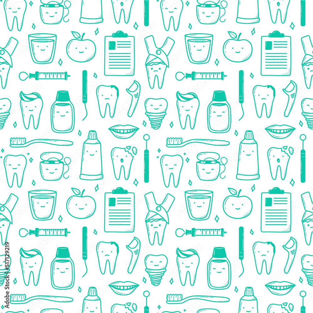 kawaii teeth pattern hand drawn in doodle style. cute linear simple illustrations. kawaii teeth pattern hand drawn in doodle style. cute linear simple illustrations.