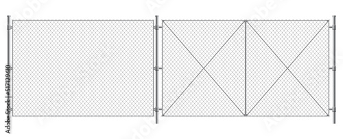 Metal wire fence and gate. Chain-link fence fragment with metallic pillars. Secured territory, protected area or prison fencing. Wire grid construction
