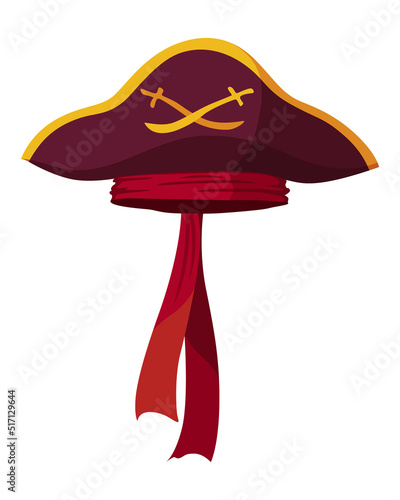 Corsair or pirate hat. Pirate fancy dress, design element. Buccaneer or carnival costume hat. Sea piracy cap fashion, headdress accessory to party with roger
