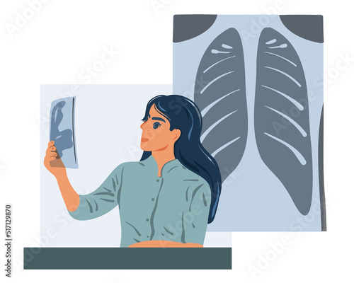 The doctor in the hospital works with a tablet. A female doctor examines a patient's chest x-ray in the x-ray department of a hospital. Vector illustration