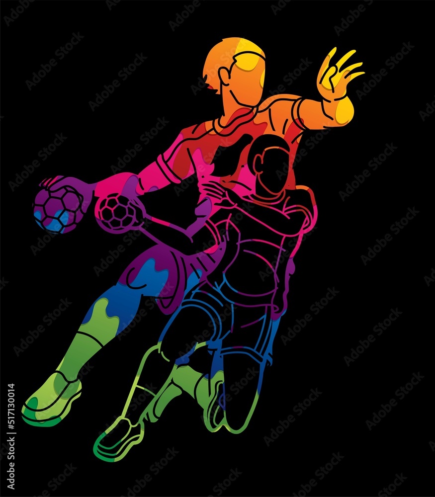 Group of Handball Players Male and Female Mix Action Cartoon Sport Graphic Vector