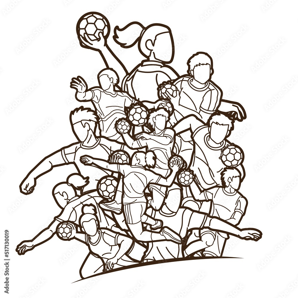 Group of Handball Players Male and Female Mix Action Cartoon Sport Graphic Vector Group of Handball Players Male and Female Mix Action Cartoon Sport Graphic Vector