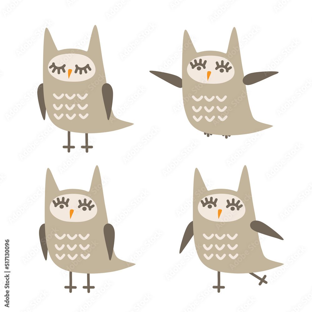 Set of cute owls in different poses. Cartoon owl in pastel colors. Flat style. Set of cute owls in different poses. Cartoon owl in pastel colors. Flat style.