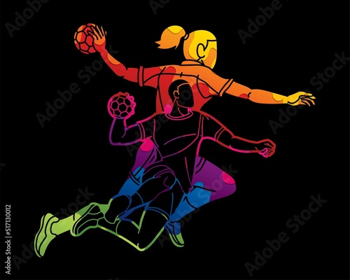 Group of Handball Players Male and Female Mix Action Cartoon Sport Graphic Vector
