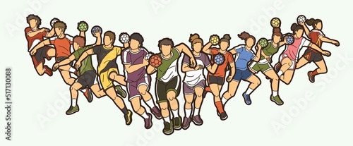 Group of Handball Players Male and Female Mix Action Cartoon Sport Graphic Vector