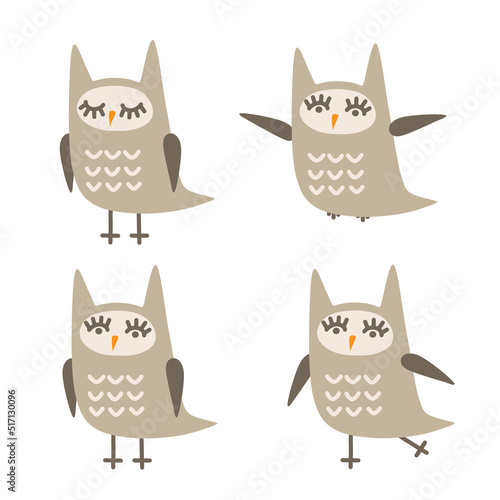 Fototapeta Naklejka Na Ścianę i Meble -  Set of cute owls in different poses. Cartoon owl in pastel colors. Flat style.