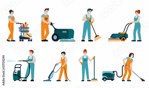 cleaning service. industrial workers cleaning outdoors with vacuum cleaners washing items. Vector cartoon characters