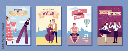 street performers. printing template placard invitation for outdoor park performance show with actors clowns dancers and jugglers. Vector cartoon people